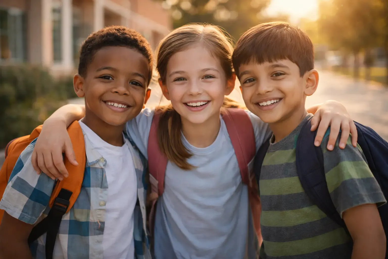 group of smiling kids with backpacks standing in the sunlight